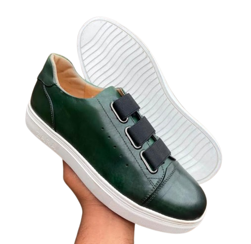 Men's Premium Leather Smart Casual Elastic Strap Sneakers — Emerald Green